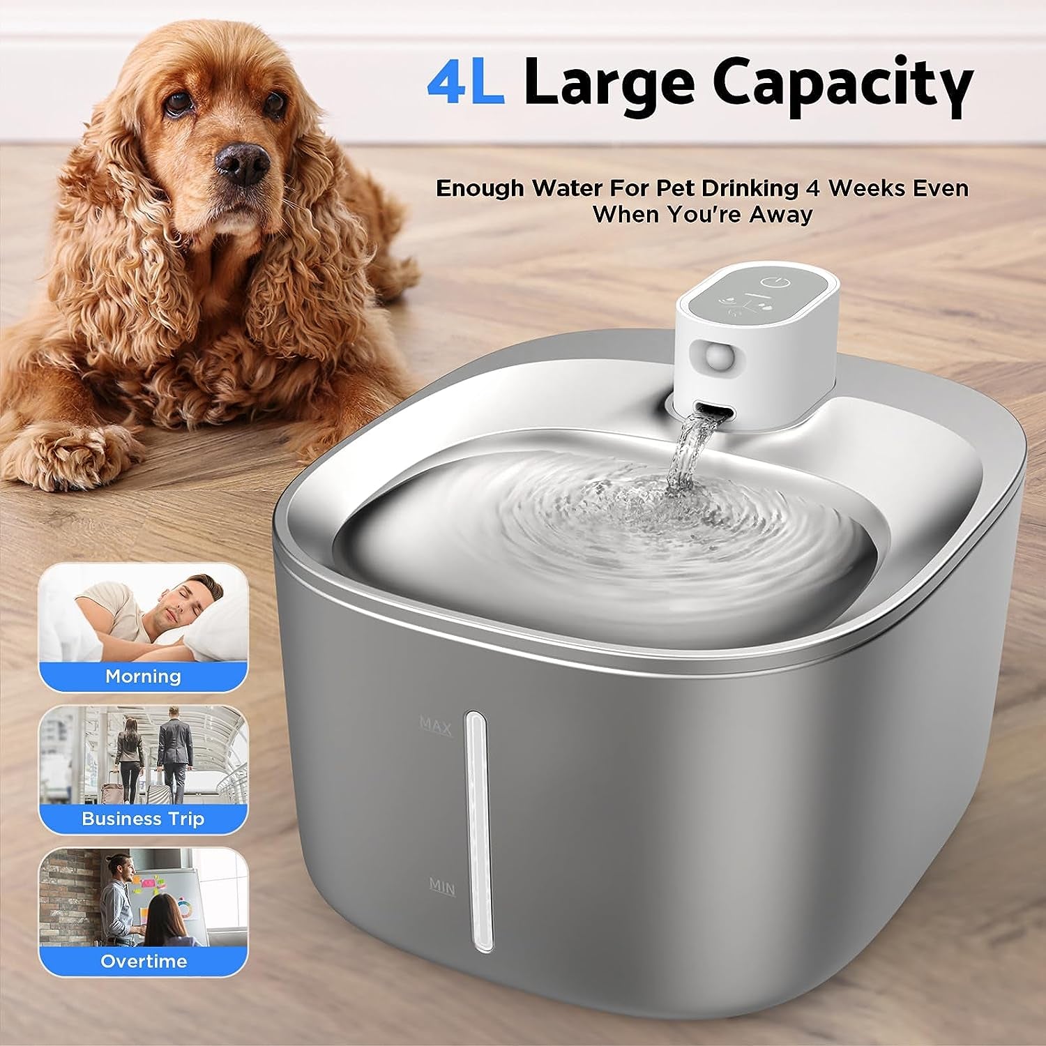 Cat Water Fountain Battery Operated, Automatic 4L Stainless Steel Pet Water Fountain for Cats Dogs with Motion Sensor, Wireless Ultra Quiet Cat Drinking Fountain